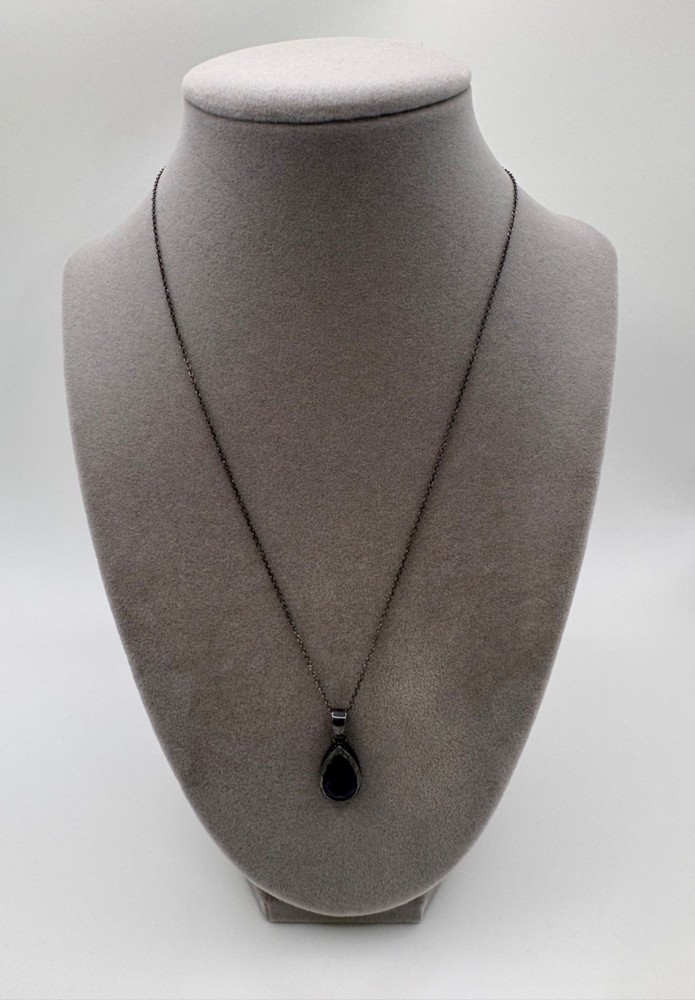 Vintage Sterling Silver Amethyst Pendant Necklace Teardrop Oxidized Chain 18”