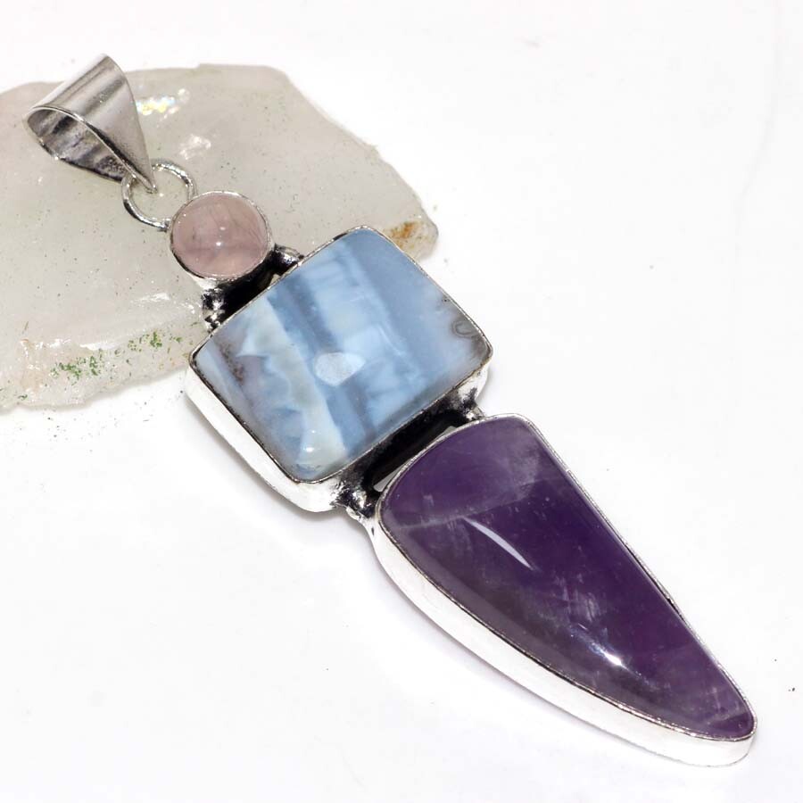 Owhyee Blue Opal Amethyst Jewellery Pendant Handmade Gemstone Size 2.7