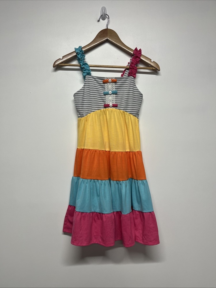 Jona Michelle Girls Size 10 Tiered Rainbow Bow Ruffled Twirl Dress