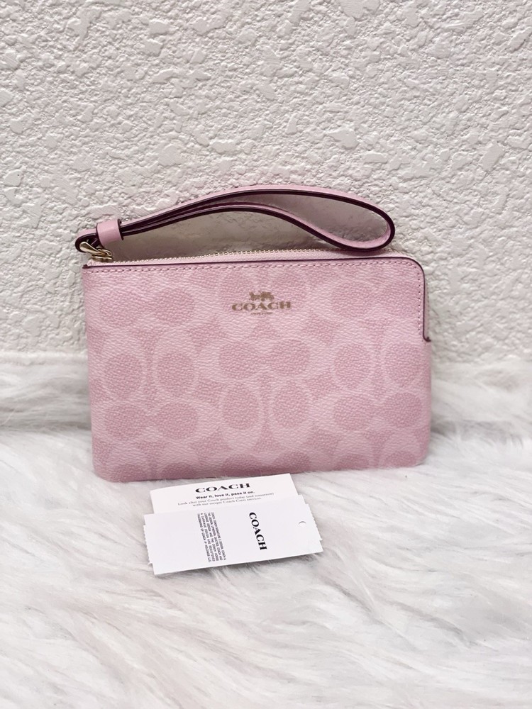 Coach CAQ75 Powder Pink Signature Canvas Zip Wristlet NWT  