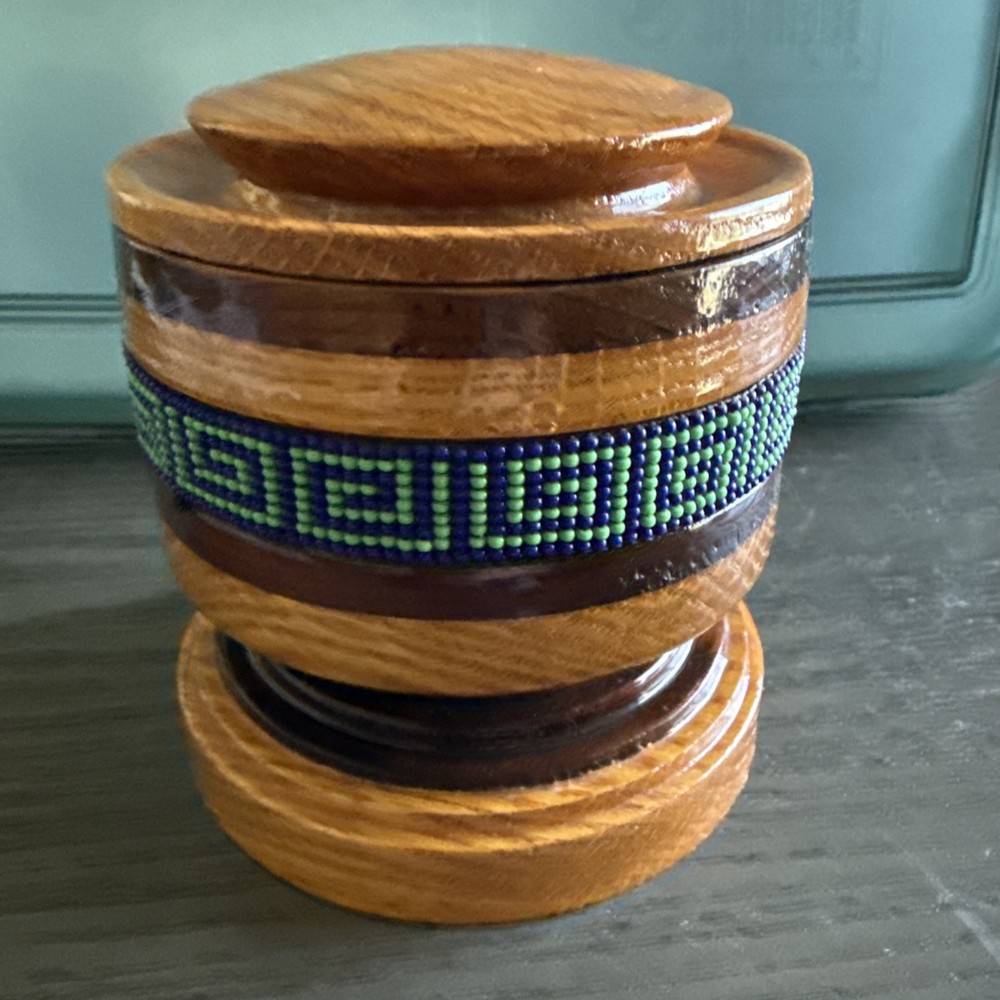 Handcrafted Round Wooden Trinket Box with Beaded Design 4.5 Inch