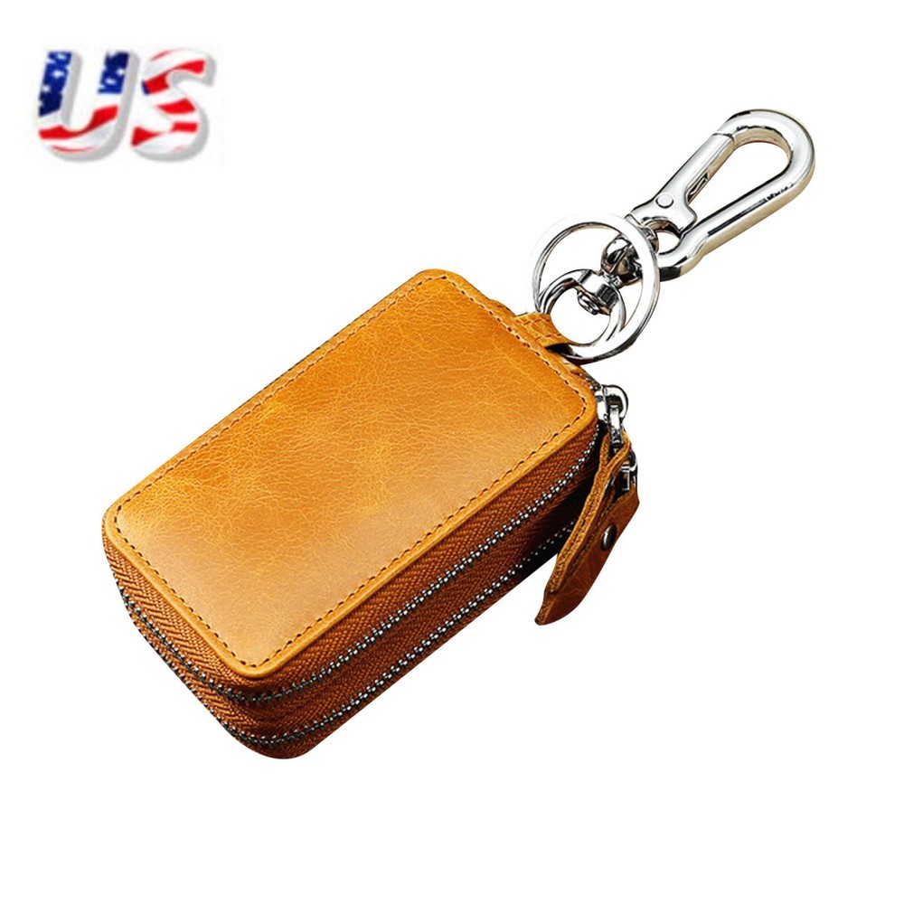 Double Layer Genuine Leather Car Key Holder Case with Zipper Pouch