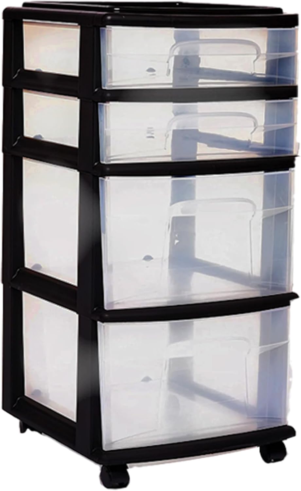 Drawer Tower, 4-Tier Clear Plastic Storage Organizer Cart, Black Frame