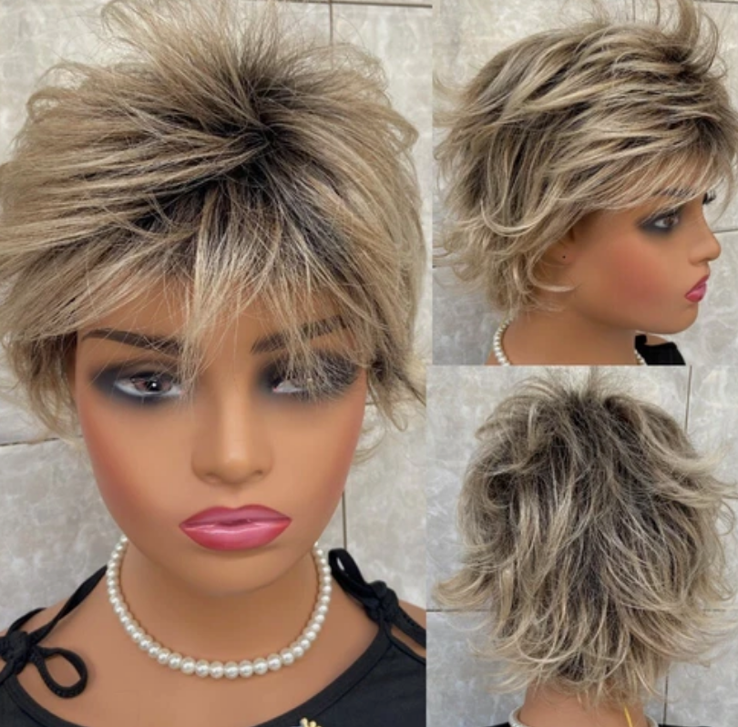 Short Layered Cut Fluffy Straight Human Hair Blend Heat Ok Wigs For Grandma Soft