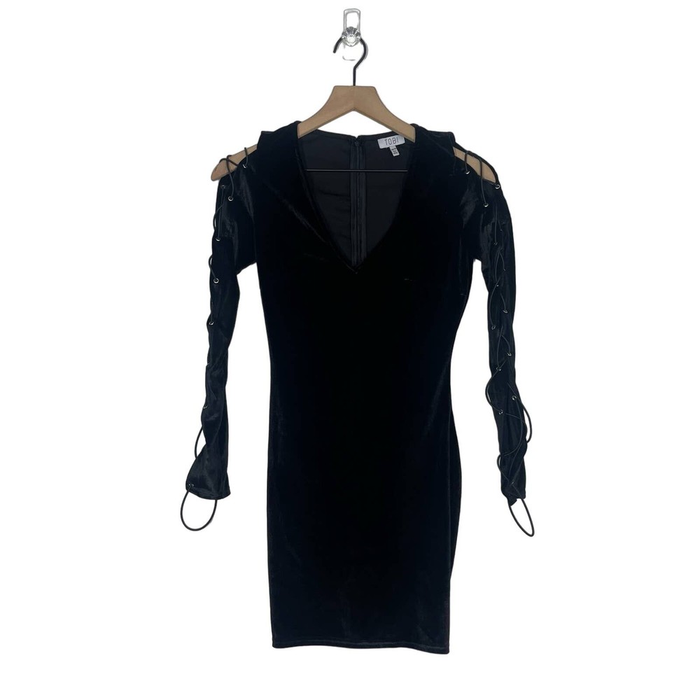 Tobi Lace Up To It Bodycon Dress Women's Size XS Black V-Neck Long Sleeve Velvet