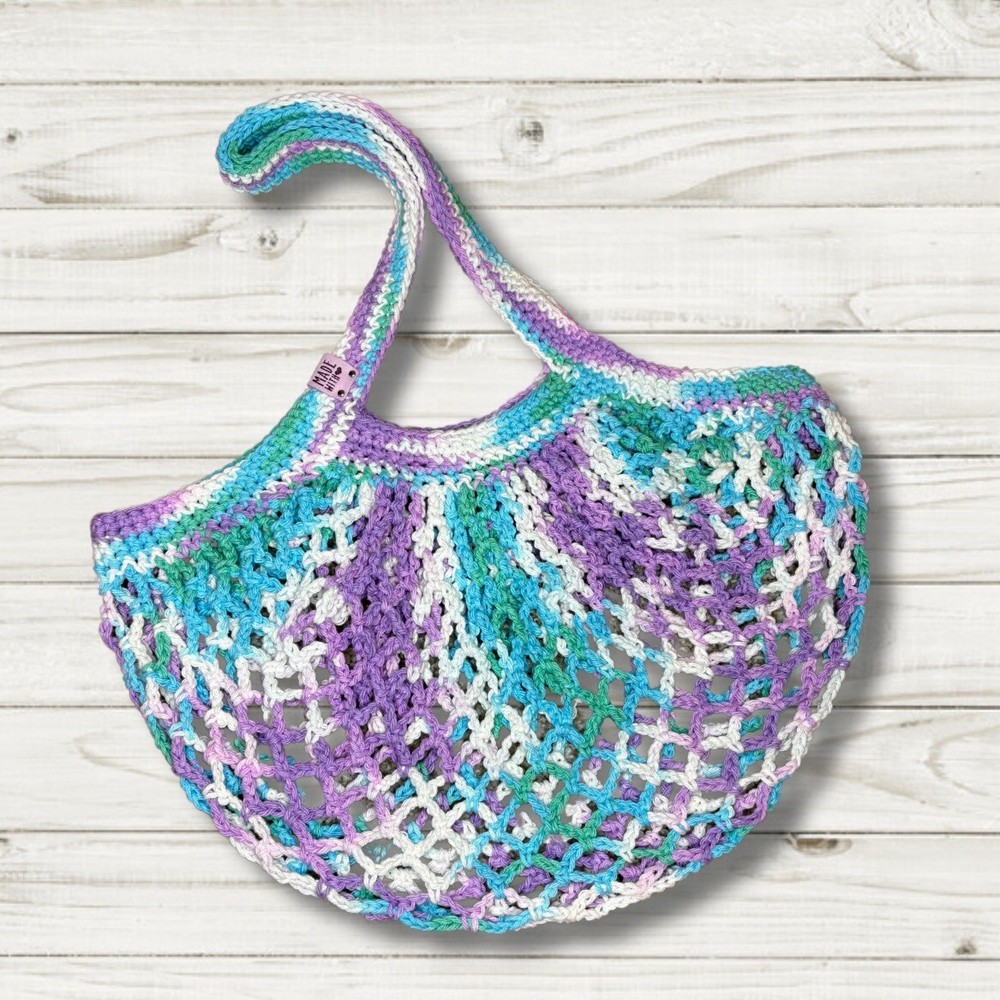 Handcrafted 100% Cotton Reusable Mesh Market Bag with Purple Tag
