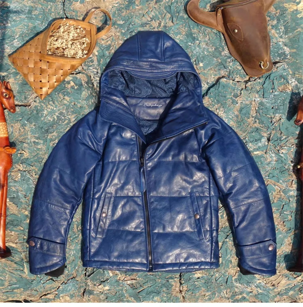 Mens Blue Genuine Leather Lambskin Padded Quilted Down Puffer Jacket