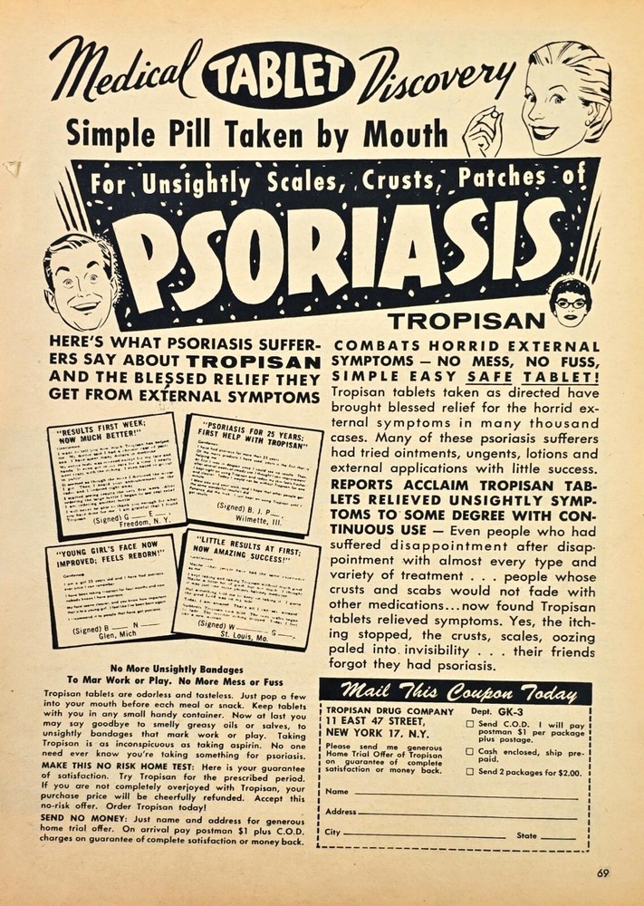 Tropisan Tablet Pill Unsightly Scales Crusts Psoriasis Vtg 1960 Print Ad 8x11
