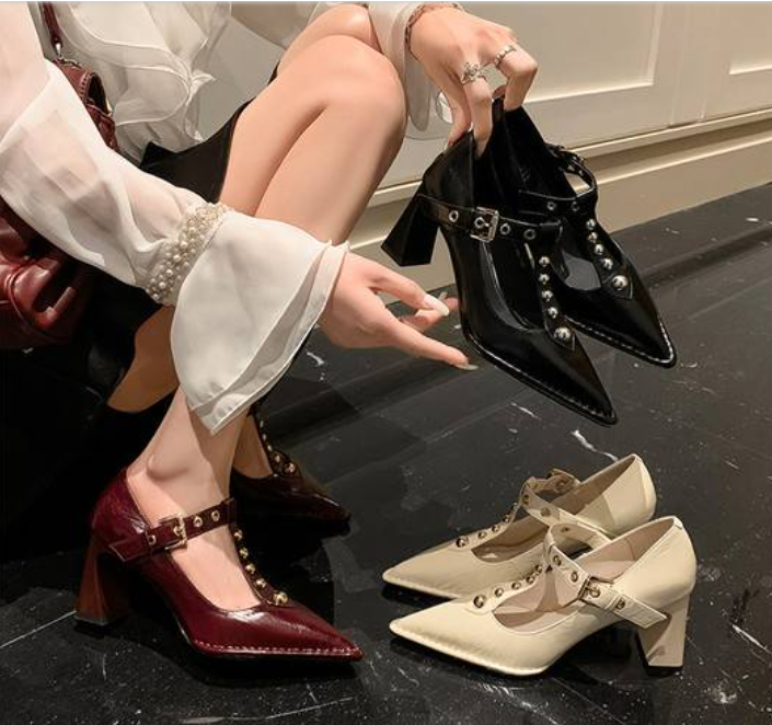 Women Stylish Leather Pointy Toe Studded T-Strap Block Heel Dress Pumps