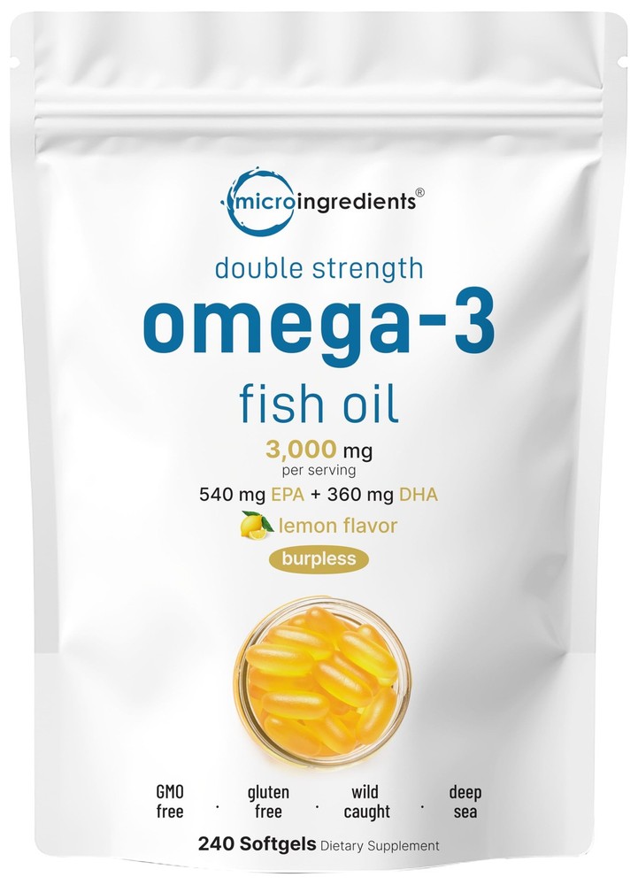 High-Potency Omega 3 Fish Oil 3000mg per Serving – 240 Lemon Softgels for Heart & Brain Health