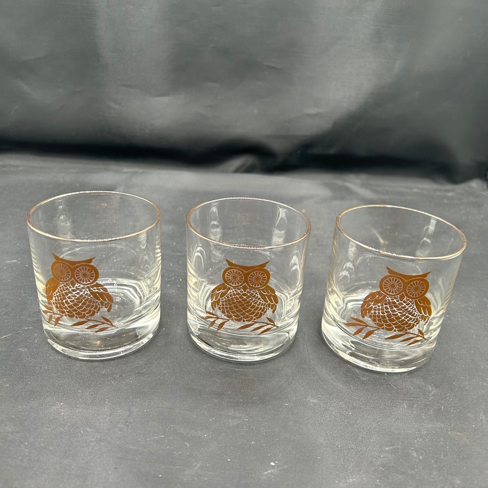 Retro Owl Glasses Set of 3 MCM Gold Rim Vintage Barware Drinkware