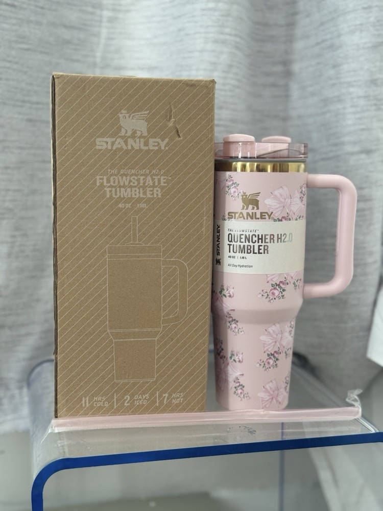 40oz Pink Floral Tumbler Cup w/Handle & Straw -Insulated Travel Mug