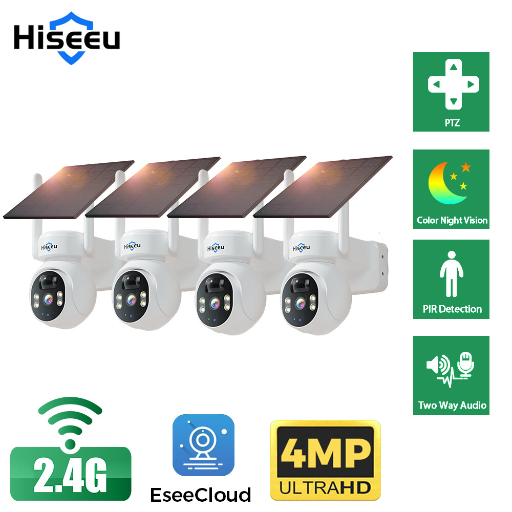 1~4PCS Hiseeu WIFI Solar Battery 4MP Wireless PTZ Security Camera Full Color Lot