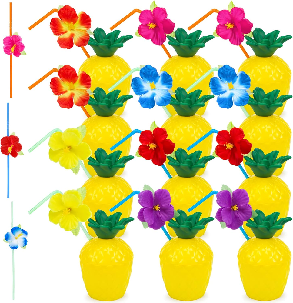 12PCS Pineapple Cups, Plastic Pineapple Cups with 12 Flower Straws and Lids for