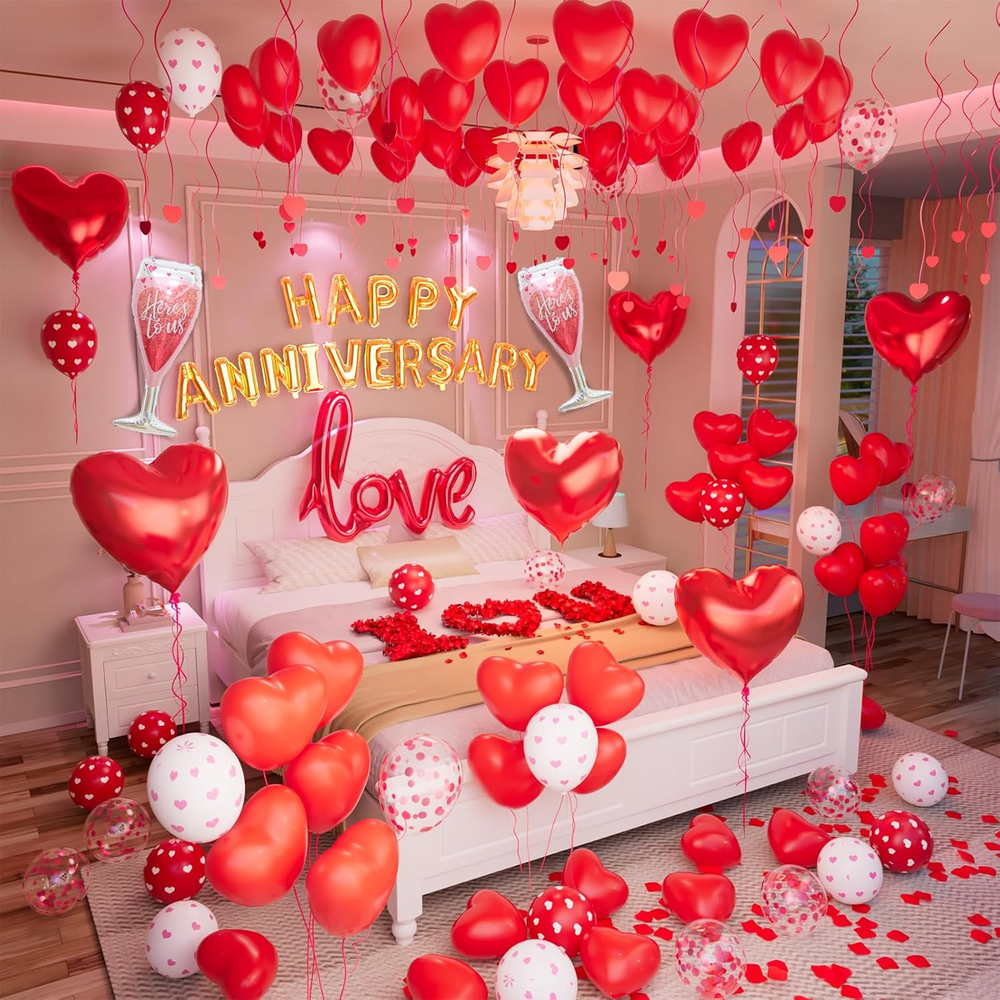 Romantic Anniversary and Valentine's Day Decorations with Balloons and Banners