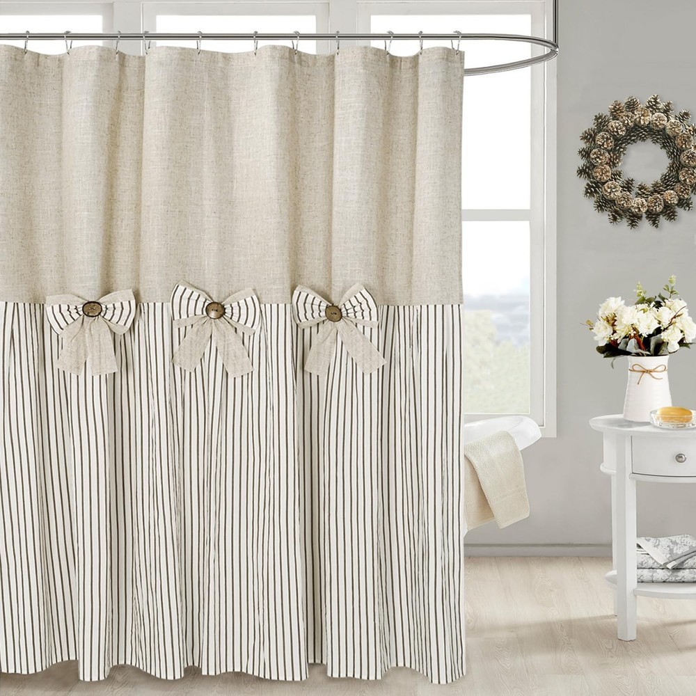 Linen Cotton Woven Farmhouse Beige Shower Curtain with Bowknot Design