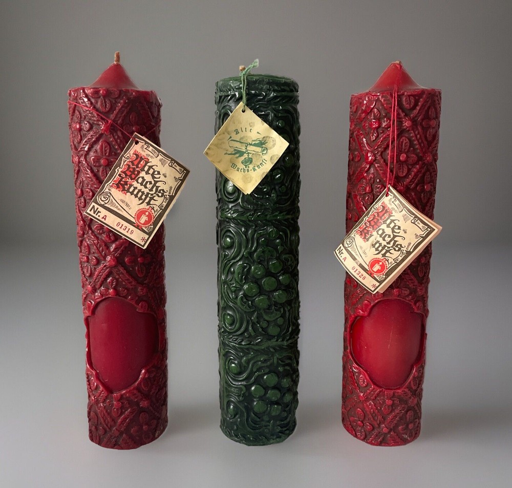VTG German Ulte Wachs Kunft Hand Carved Candle Floral Pillar 10” Christmas READ