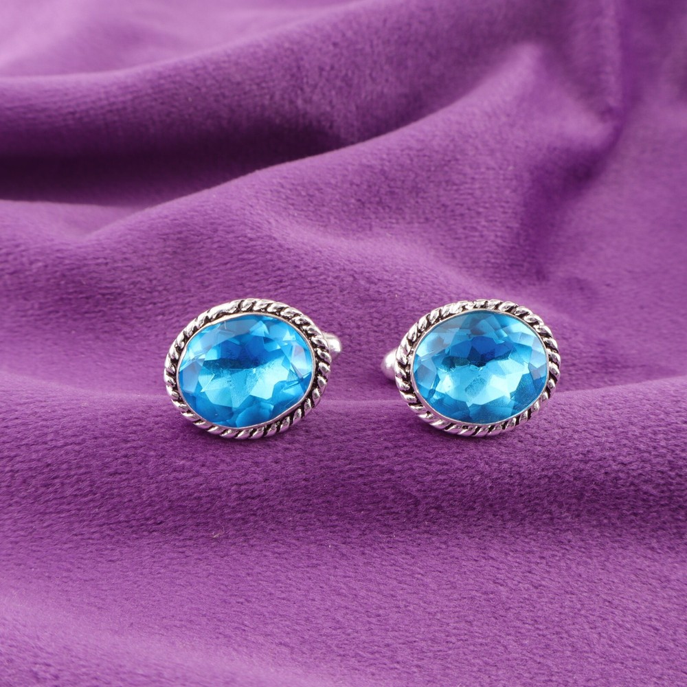 Swiss Blue Topaz Sterling Silver Mens Wedding Cufflinks