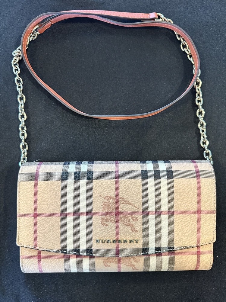 Authentic Burberry Haymarket Check E-canvas Cross Body Wallet With Strap And Box