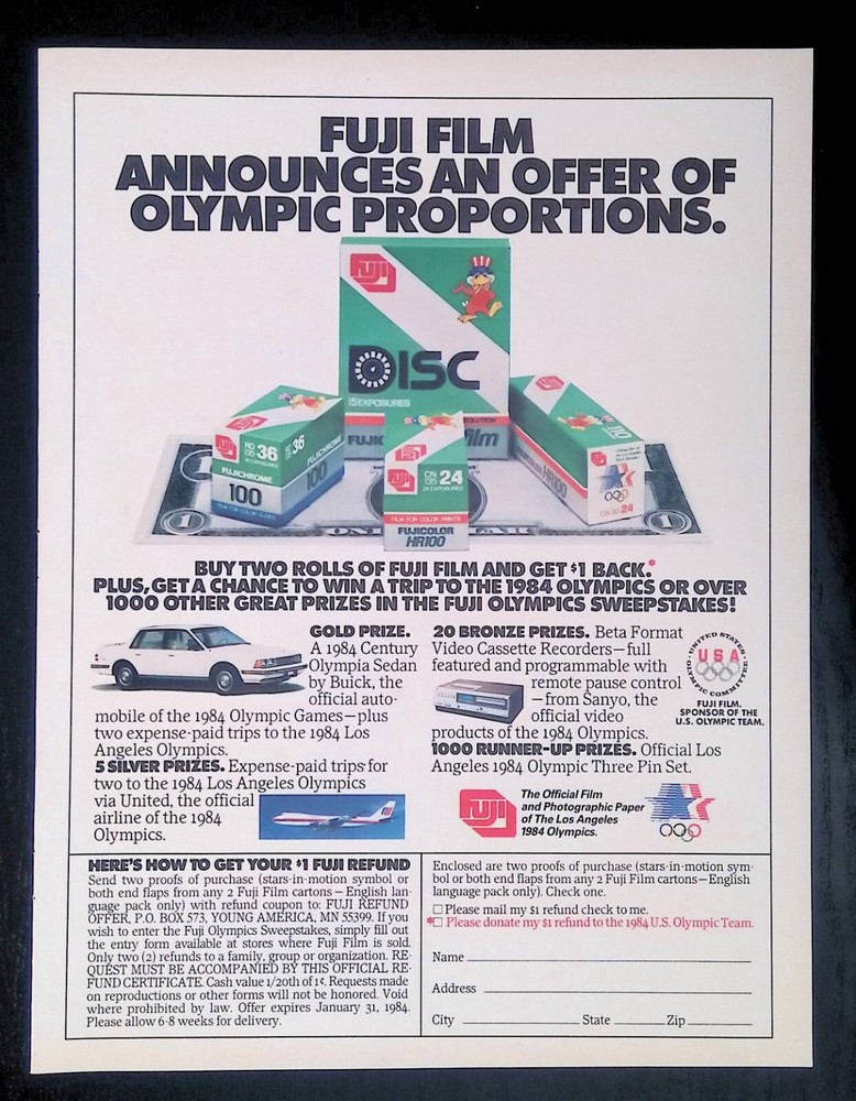 Vintage 1984 LA Olympics Fuji Film Print Ad Refund Coupon  -image