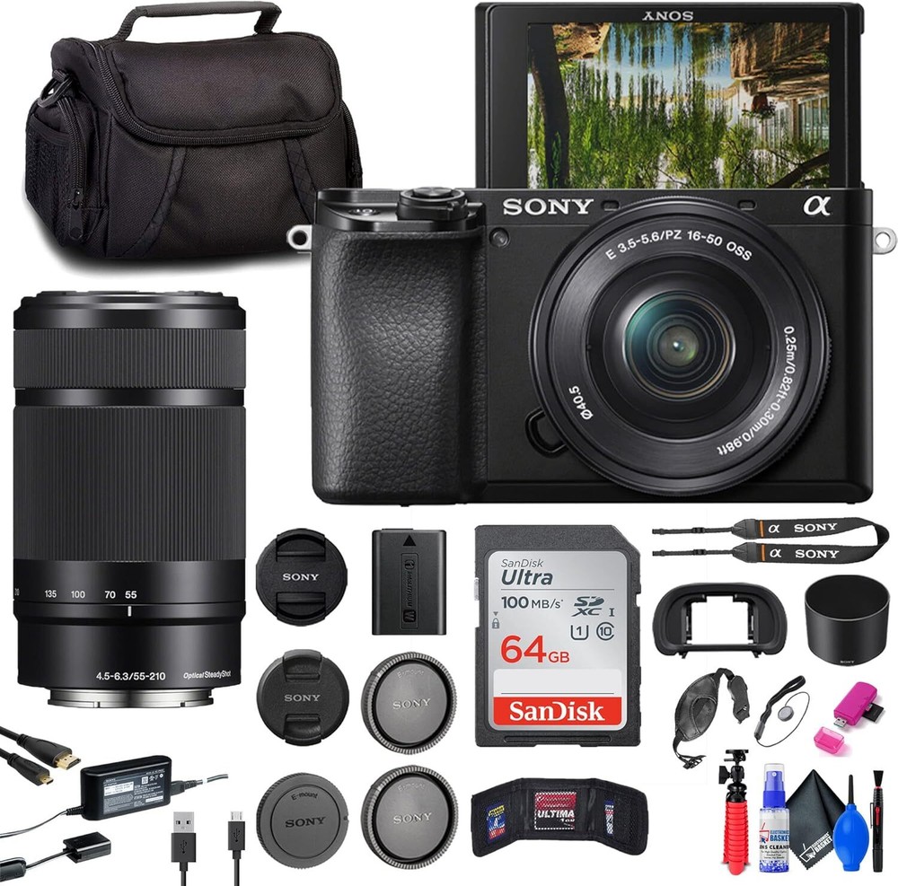 Sony a6100 Mirrorless Camera w/ Dual Lenses + 64GB Card + Case + Tripod
