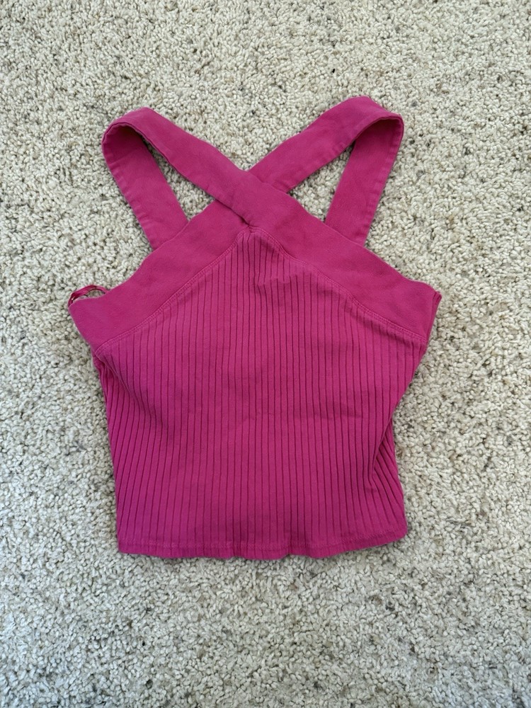 ZARA Ribbed Knit Square Neck Sleeveless Cropped Pink Tank Top Size M
