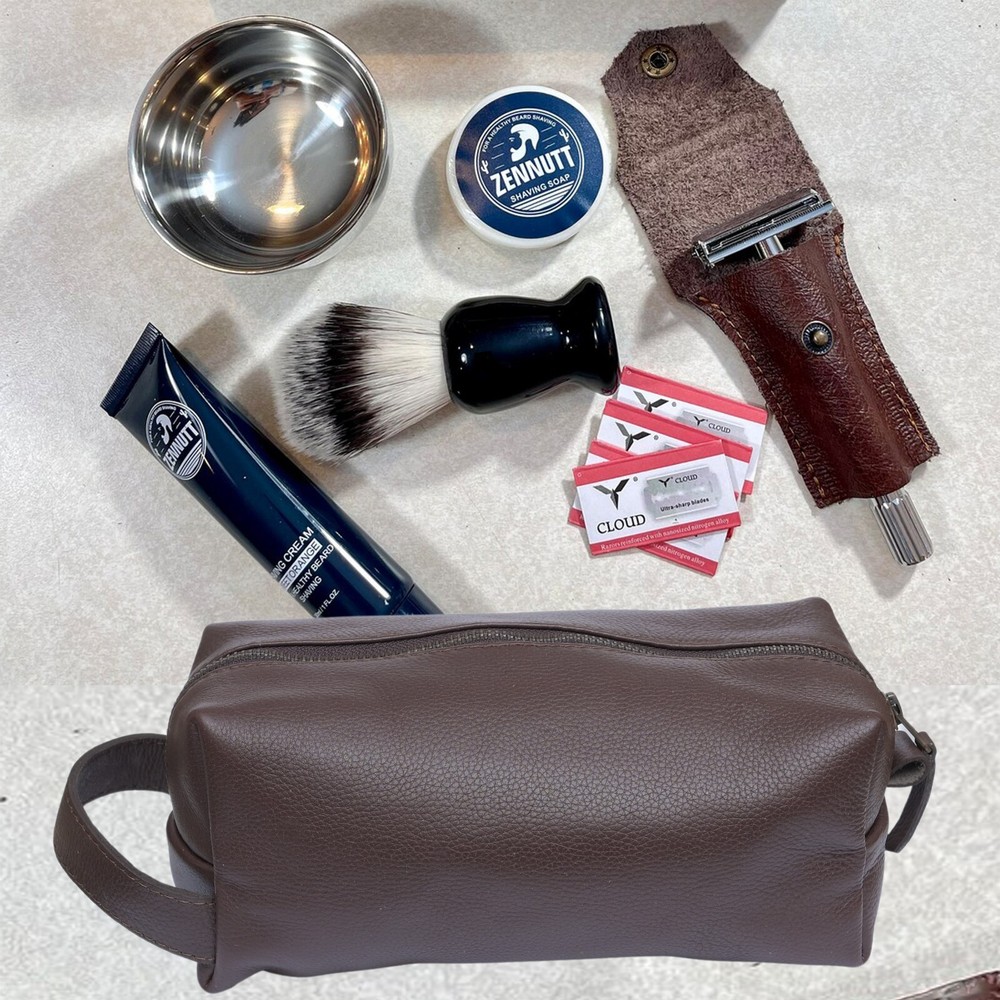 Leather Toiletry Bag Men Large Travel Wash Shaving Dopp Kit Bath Water-resistant