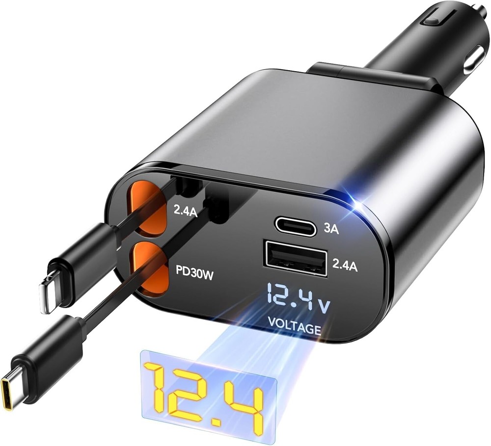 66W Fast Car Charger with 2 Retractable Cables & Phone Holder 4-in-1