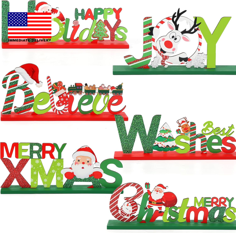 6 Pcs Table Decorations, Merry Tabletop Wooden Sign Indoor Decorations for Dinne