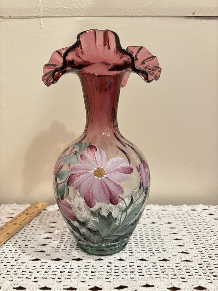 Fenton Art Glass Rubina Verde Ruffle-edged Hand painted Vase