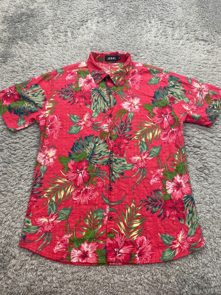 Jogal Shirt Men Medium Red Floral Tropical Hawaiian Short Sleeve Button Up