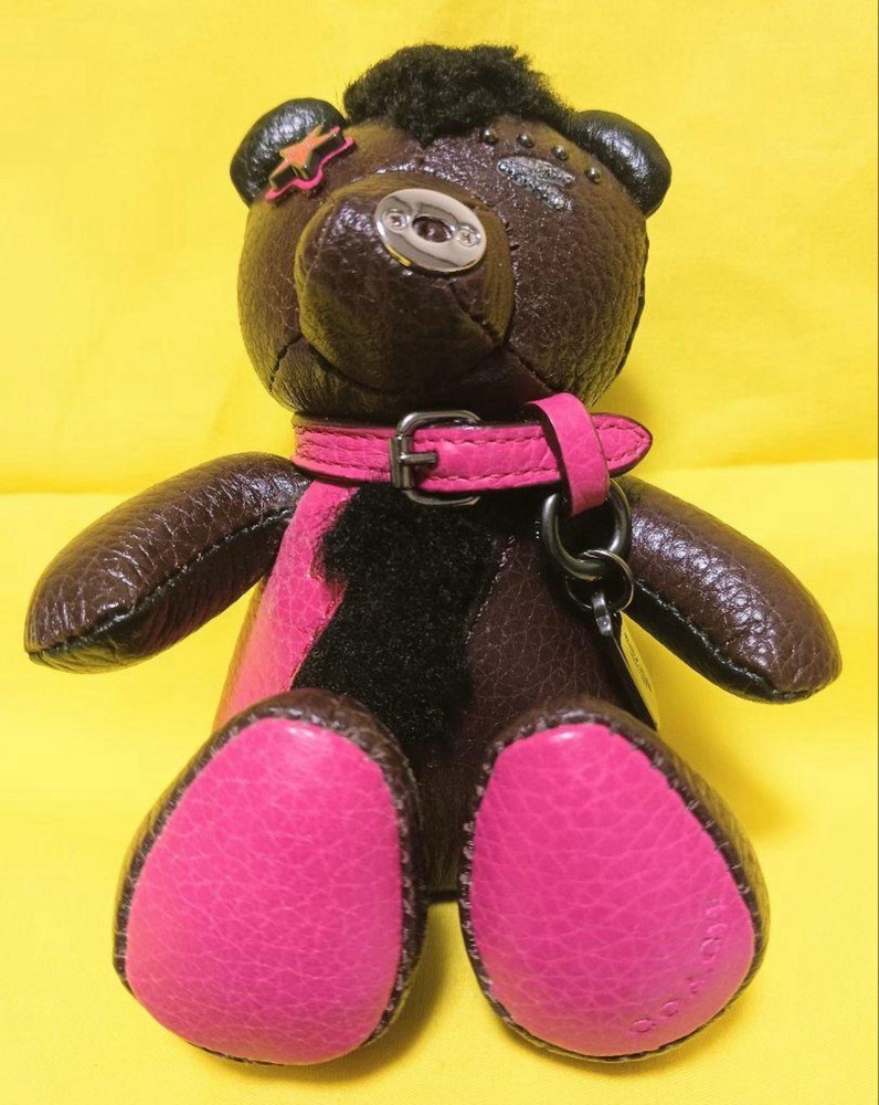 Coach Outlaw Teddy Bear Charm Keychain in Brown Pink with Glitter Studs