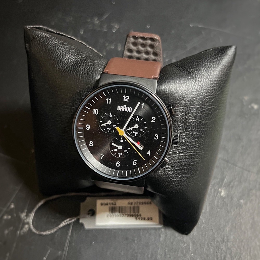 Braun Chronograph 24-Hour Black Dial Brown Leather Strap Stainless Steel Watch