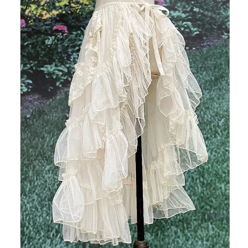 Double Layer Sheer High-Low Skirt with Asymmetrical Ruffled Waist-image