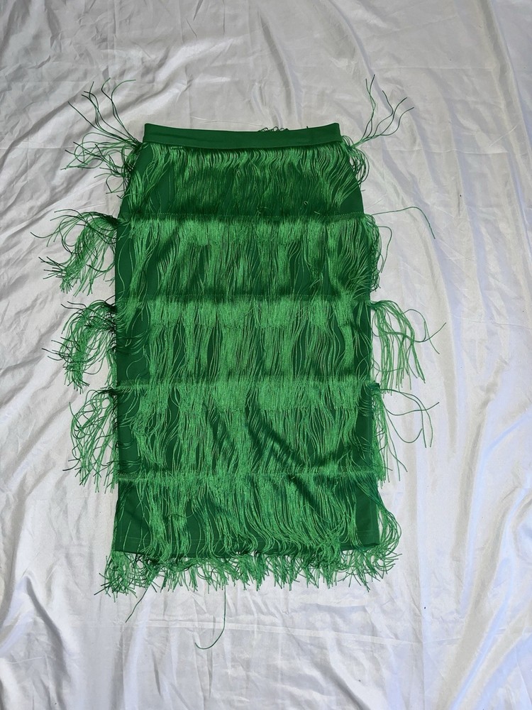 Tassel Mini Fringe Skirt for Women in Medium Green Slip On Long Style