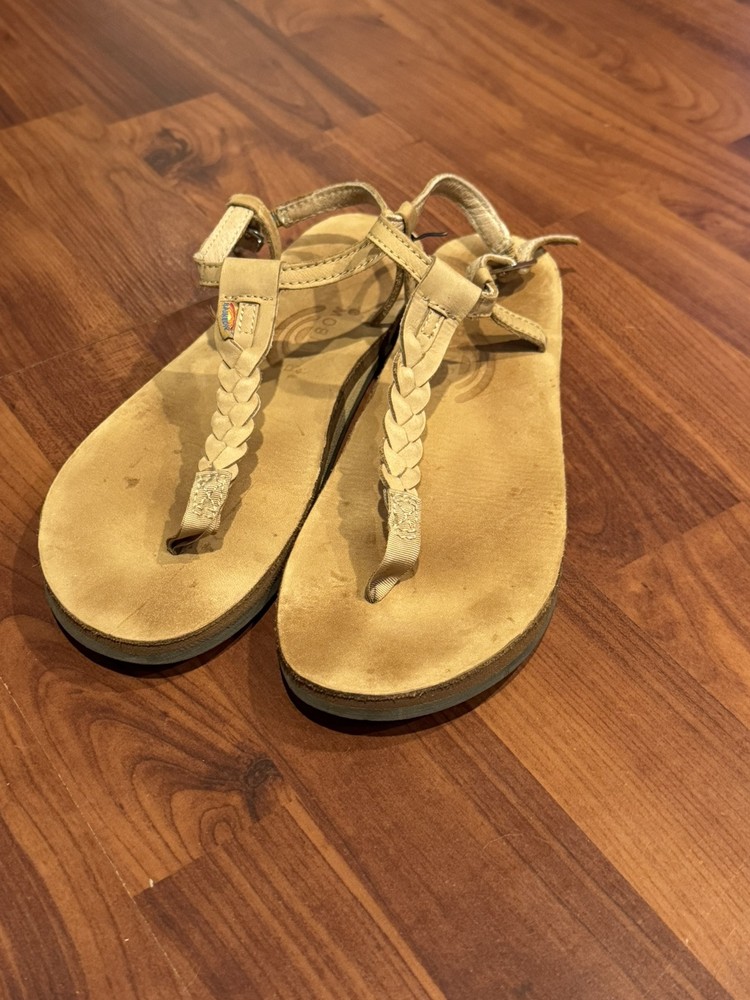 Women's Rainbow T-Street Leather Sandals Size LARGE 7.5 - 8.5 Braided Brown Tan