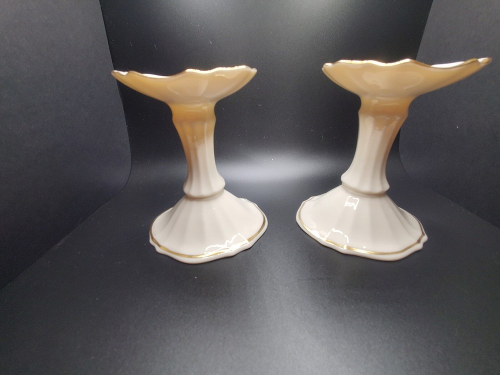 Pair Lenox USA Symphony Candle Holder CNSS4 w/ 24k Gold Trim ~ 4.5