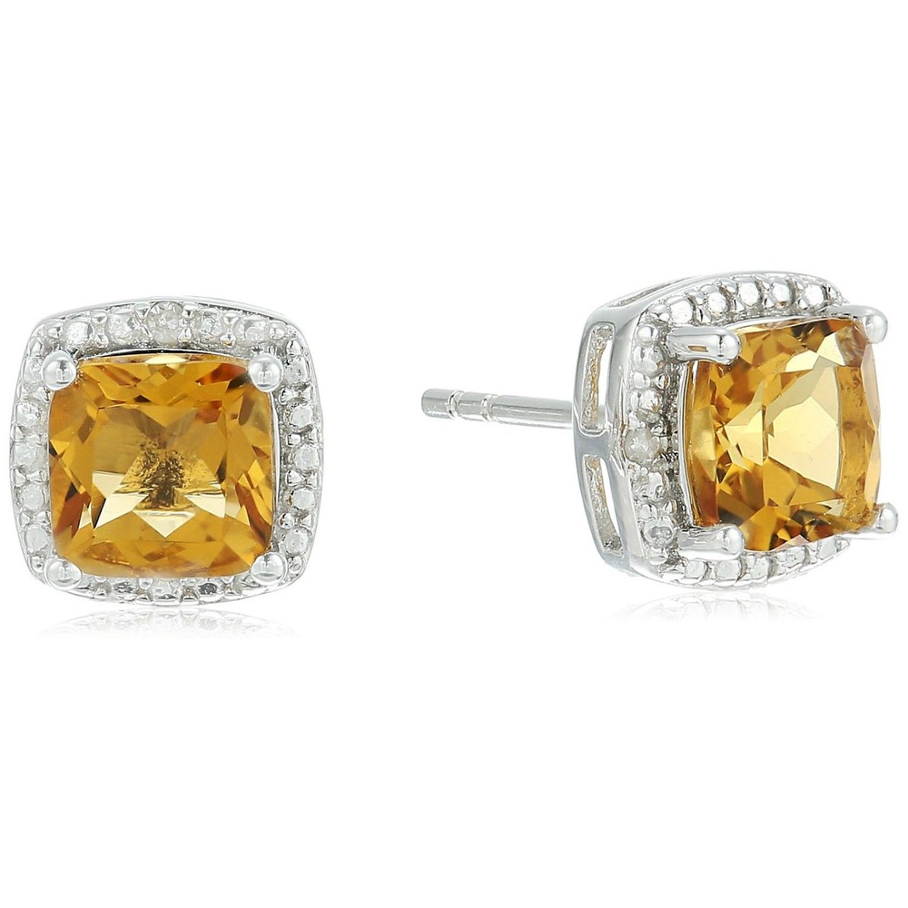 925 Sterling Silver Halo Citrine Cushion Stud Earrings for Women