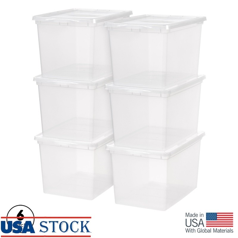 Stackable 68Qt Plastic Storage Bins with Lids 6-Pack for Home Office Organization  