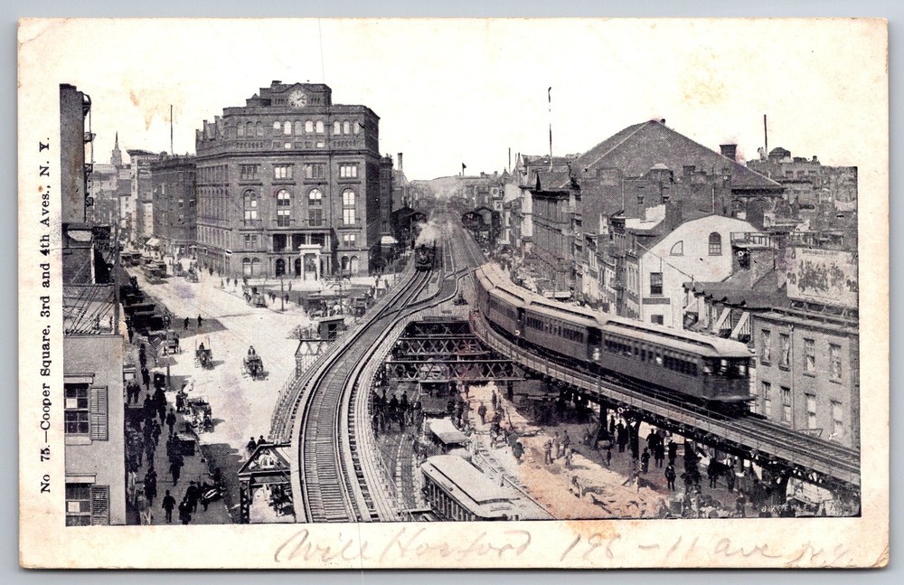 Cooper Square Elevated Rail Car Train Birdseye NYC NY C1907 UDB Postcard Z1