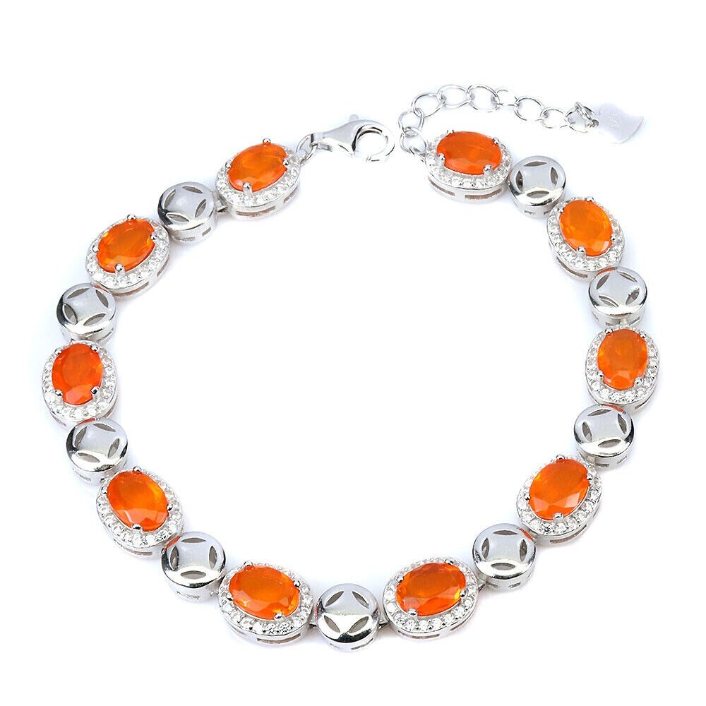 Silver Bracelet Orange Fire Opal Genuine Mined Gems Sterling 6 3/4 to 7 3/4 Inch