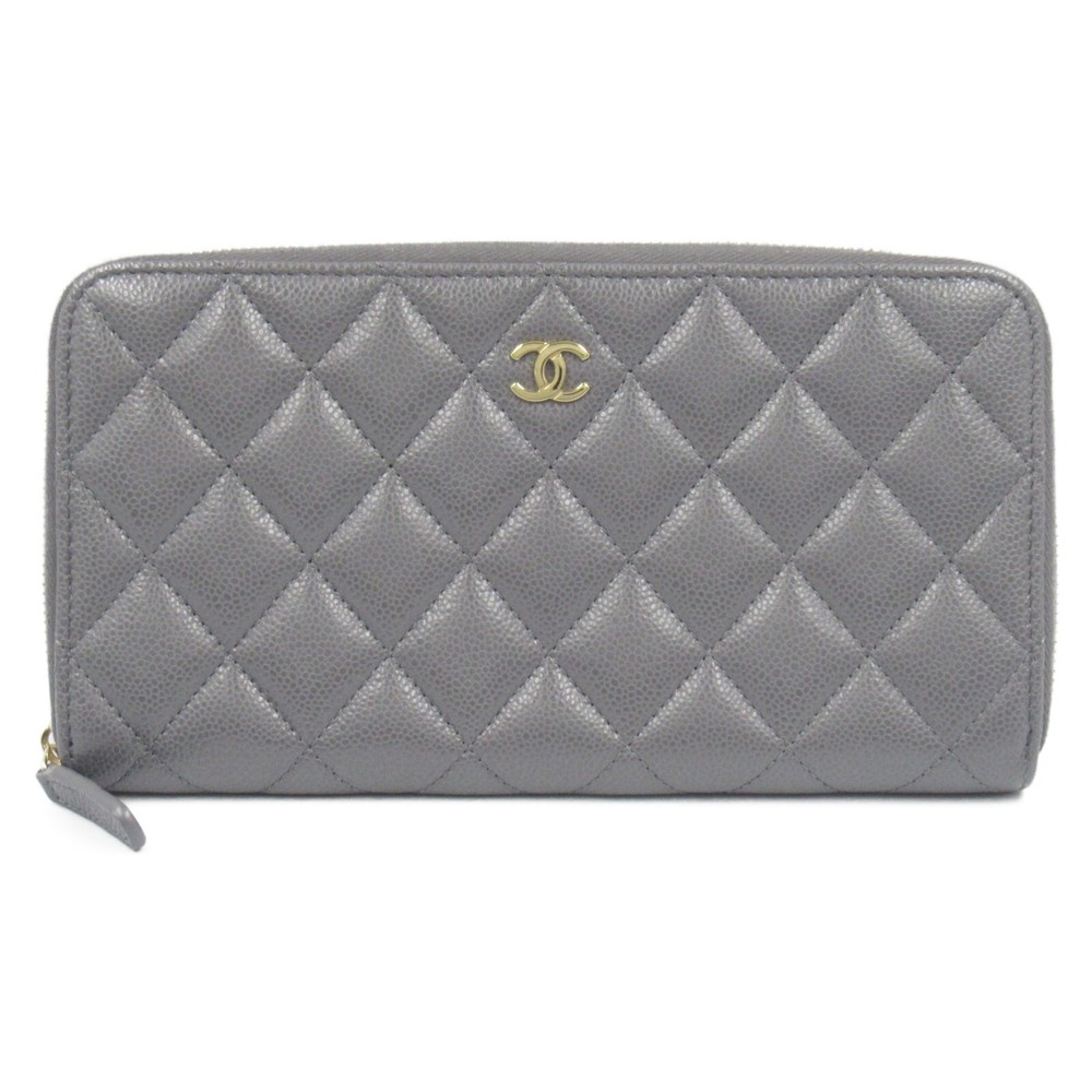 CHANEL Matelasse Long Zip Wallet in Gray Leather with Gold Hardware Pre-Owned