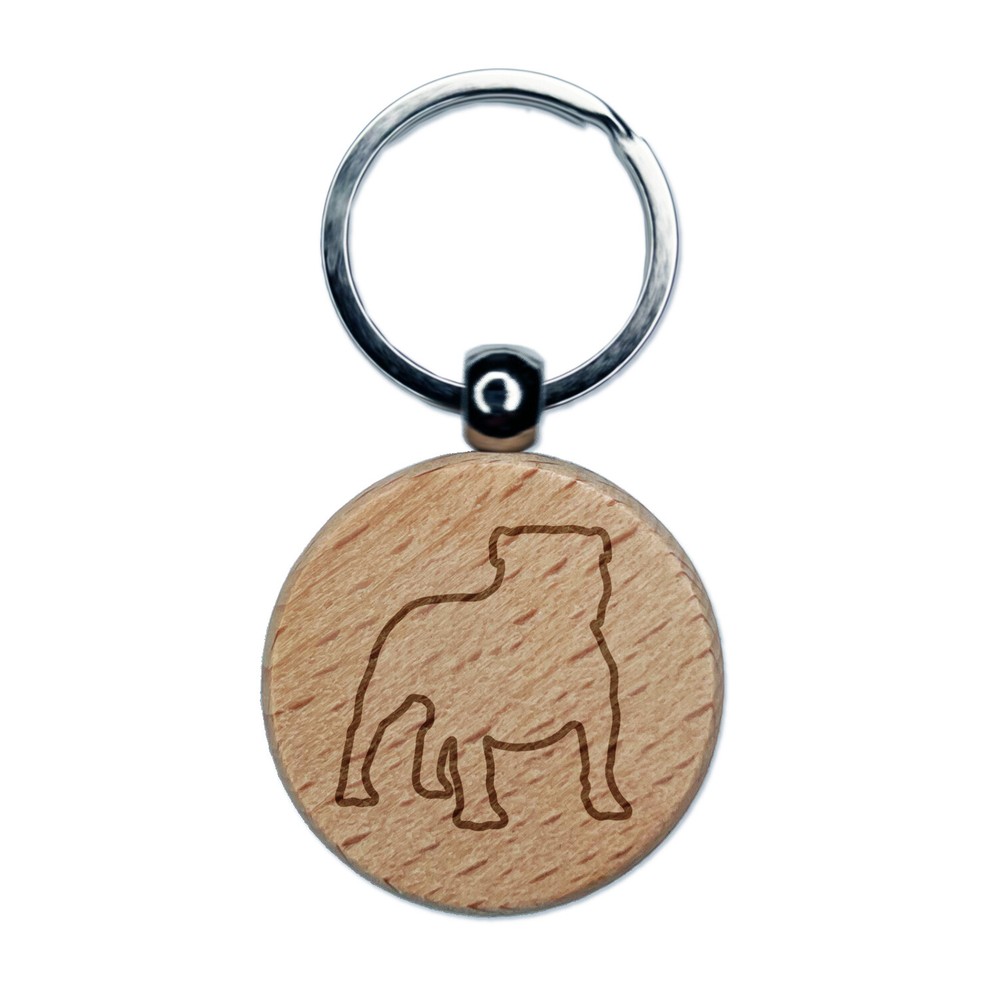 Bulldog English British Dog Outline Engraved Wood Round Keychain Tag Charm