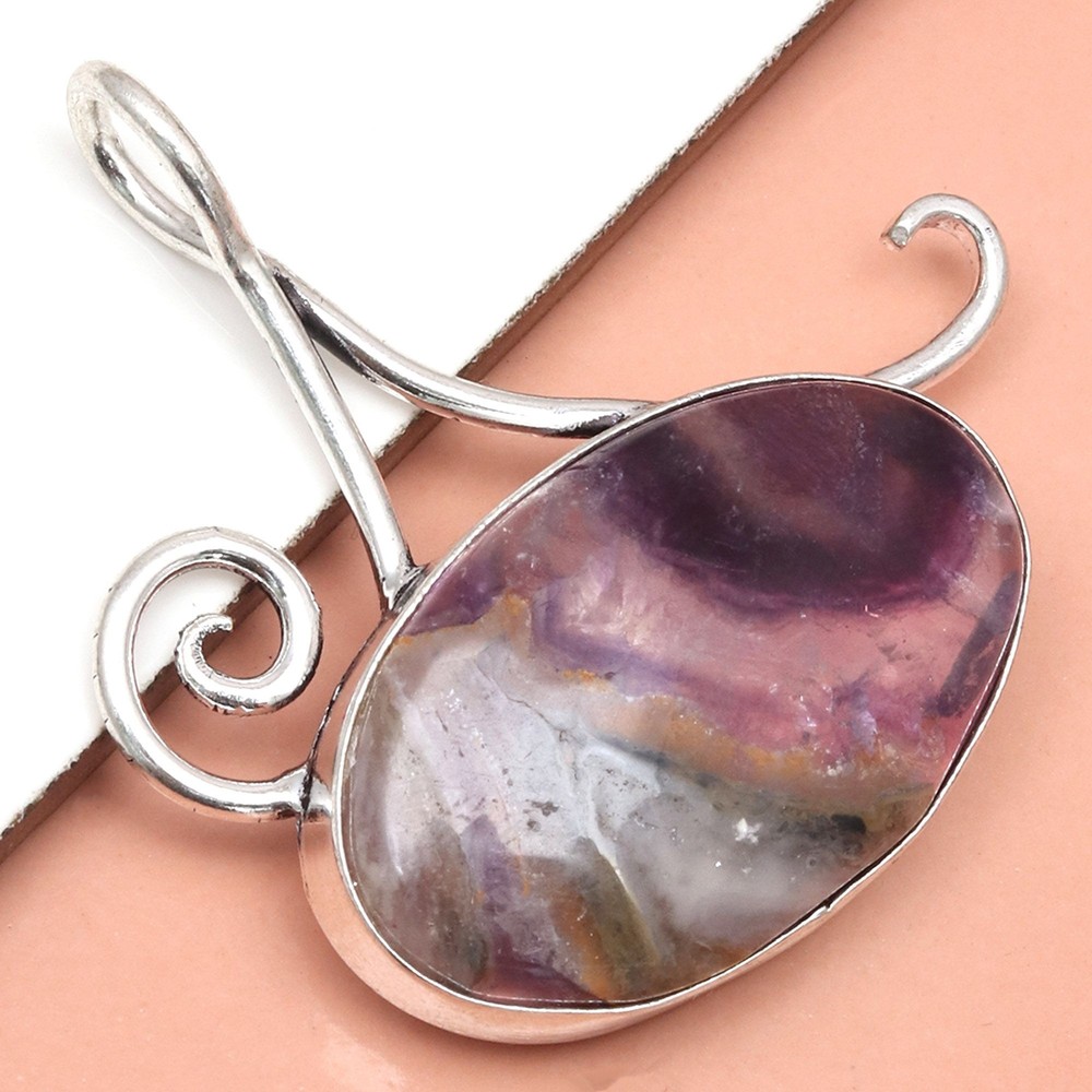 Fluorite Gemstone Handmade Silver Pendant Jewelry for Women & Men 1.75 Inch