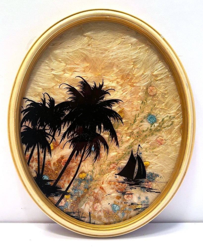 1930’s Silhouette Reverse Painting Victorian Couple with Steam Powered Car 6x8