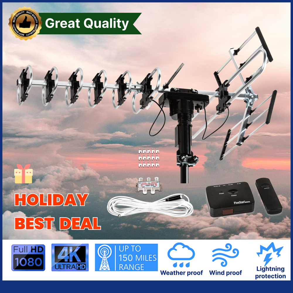 360° Motorized Outdoor HDTV Antenna 200-Mile Range w/ Amplifier & Splitter Flash Sale-image