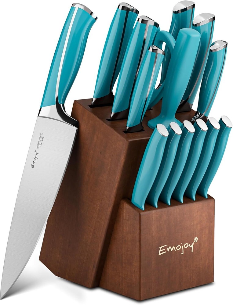 Emojoy 15-Piece Wooden Block Kitchen Knife Set with Block