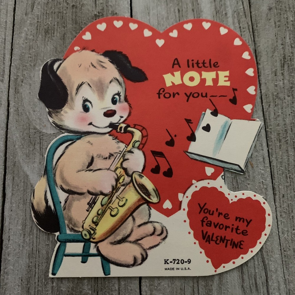 Vintage Valentine Card Anthropomorphic Dog Playing Saxophone Die Cut 1950s
