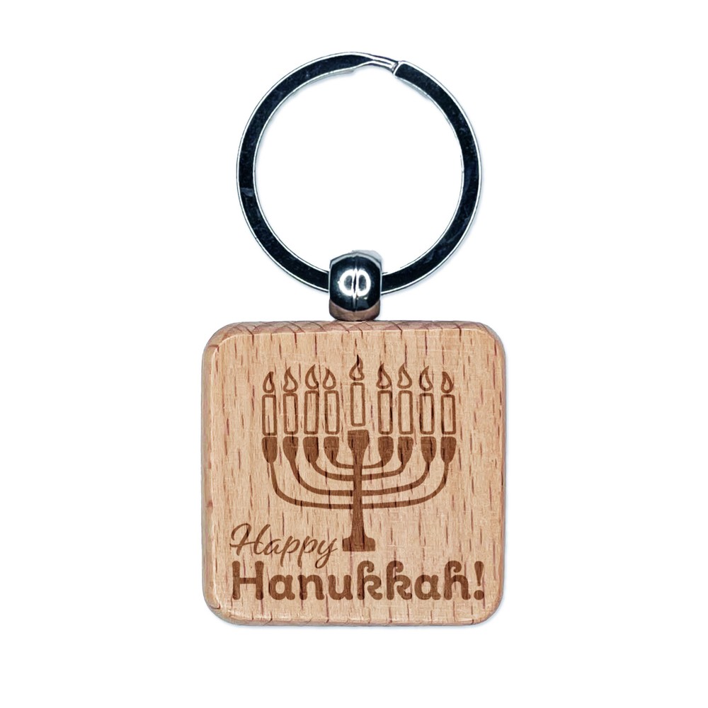 Happy Hanukkah with Menorah Engraved Wood Square Keychain Tag Charm