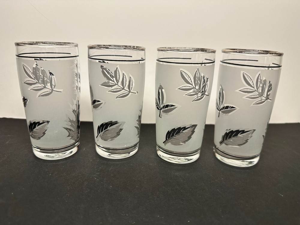 Vintage Libbey Silver Leaf Frost Etched MCM Shot Glasses Set of 4 1960s 4oz